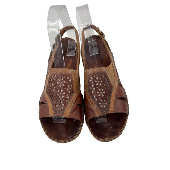 Ariat Womens Brown Leather Slingback Sandals With Laser Cut Design & Wooden Wedg - Picture 2 of 9